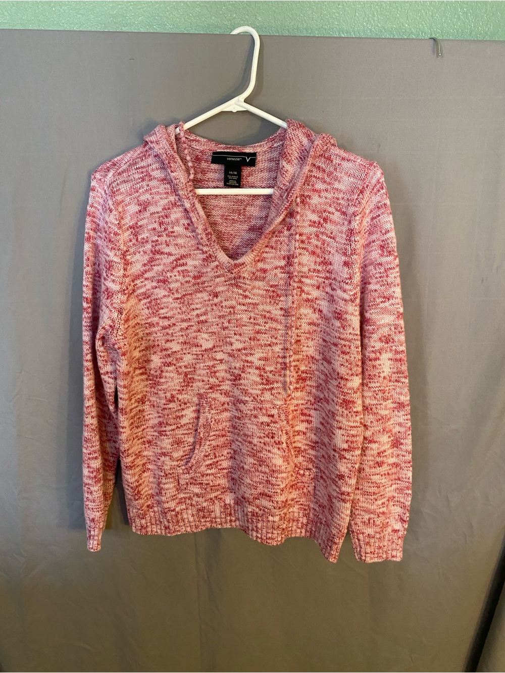 Venezia Pink Marled V-Neck Hooded Sweater